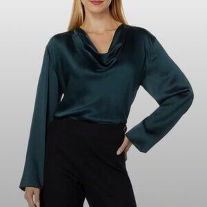 Vince jade green teal silk Cowl neck Blouse NWOT long sleeve sz large